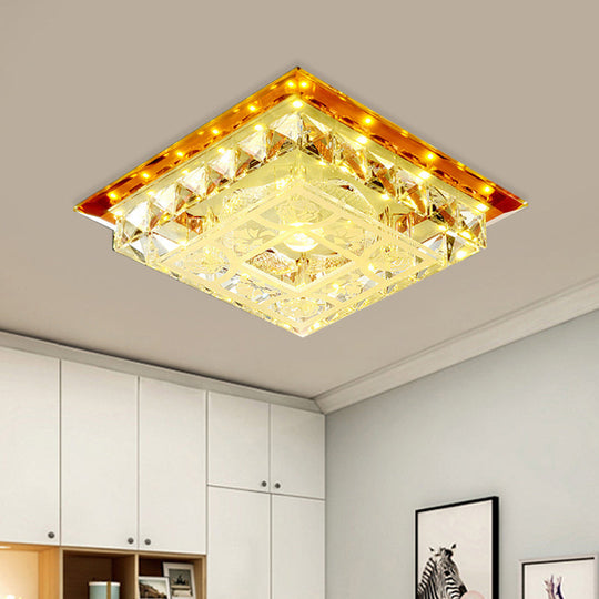 Modern Led Crystal Flush Ceiling Light Fixture In Tan - Square Block Design With Warm/White/Natural