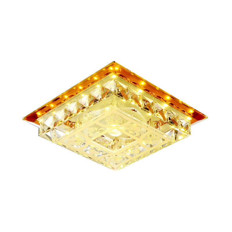 Modern Led Crystal Flush Ceiling Light Fixture In Tan - Square Block Design With Warm/White/Natural