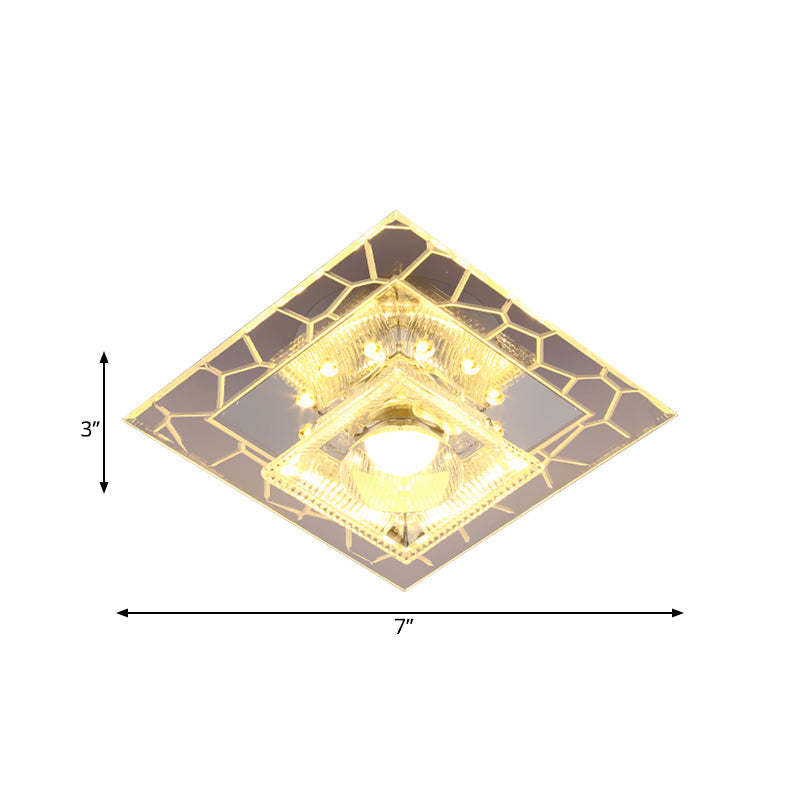 Modern White Square Flushmount Led Ceiling Light With Clear Prism Crystal For Corridors