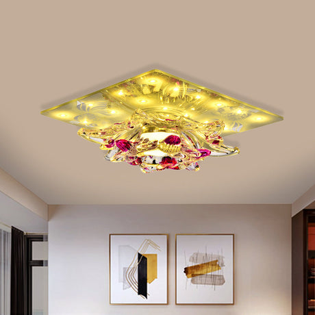 Minimal Clear Crystal Led Flush-Mount Porch Ceiling Lamp In Rose Red With Warm/White Light / Warm