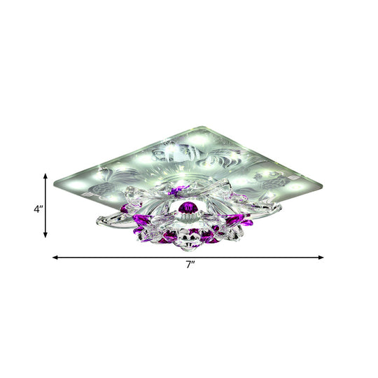 Minimal Clear Crystal Led Flush - Mount Porch Ceiling Lamp In Rose Red With Warm/White Light