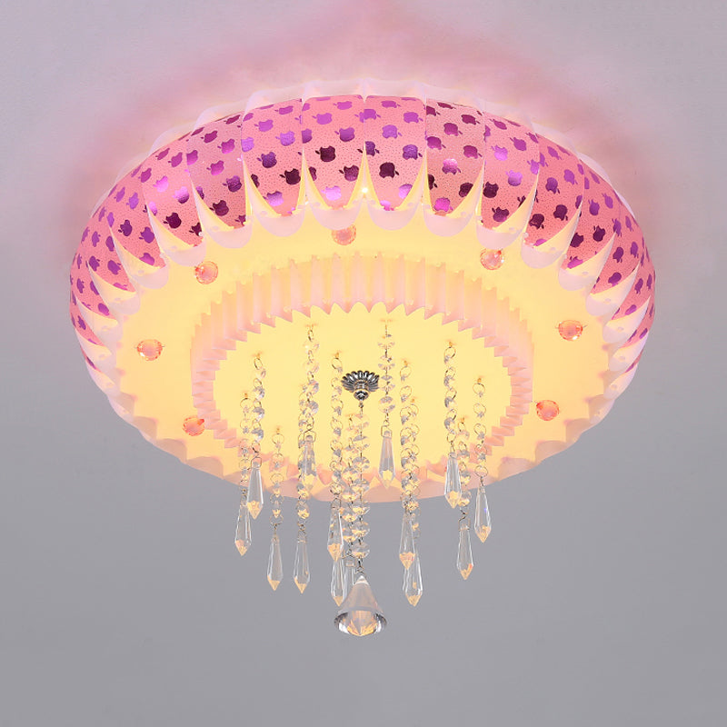 Modern Led Crystal Flush Mount Ceiling Light With Pink Drum Shade Perfect For Living Rooms
