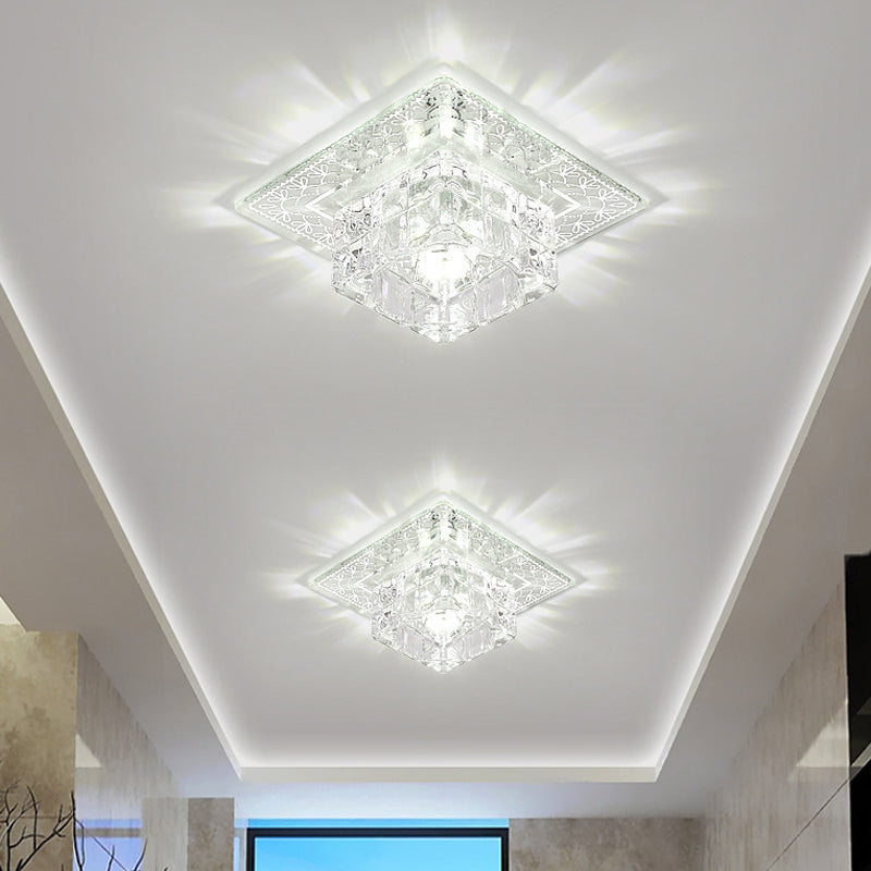 Modernist Crystal Block Flushmount Ceiling Light With Led - White/Warm Clear / Warm