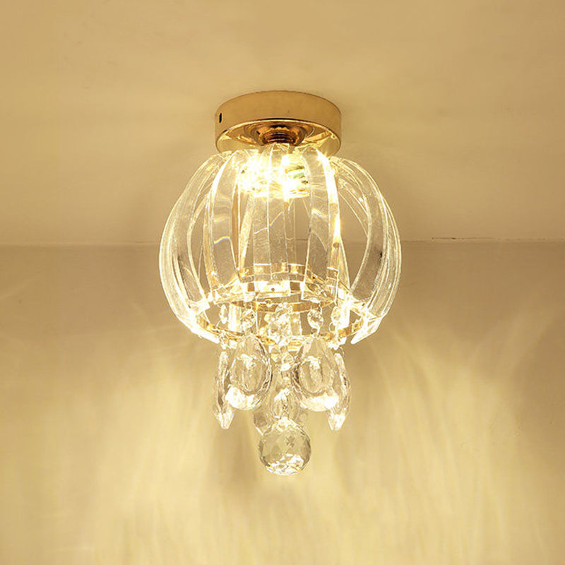 Minimal Led Teardrop Crystal Flush Mount Hallway Light With Globe Shade Clear