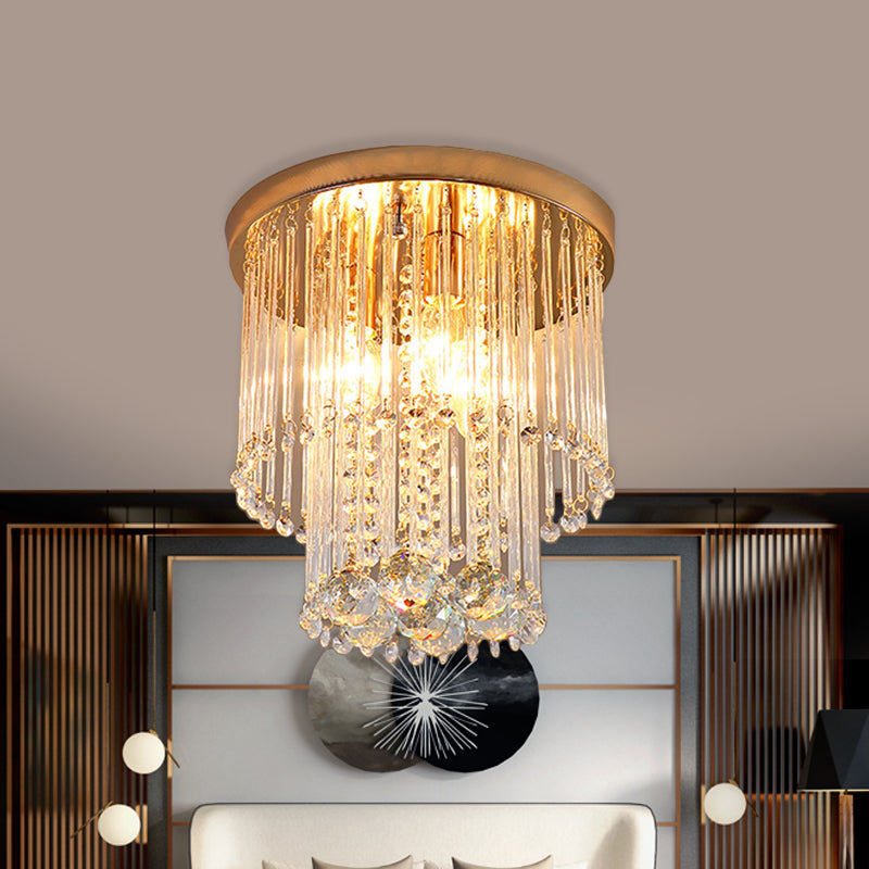Flush Mount Clear Crystal Ceiling Light Fixture In Gold - Double Layered Cylinder Design With 2