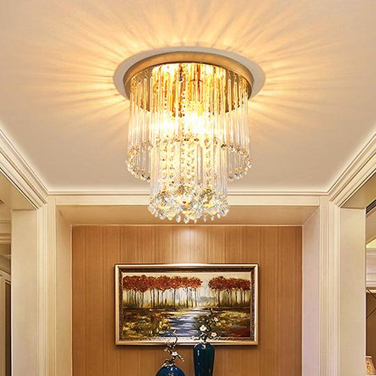 Flush Mount Clear Crystal Ceiling Light Fixture In Gold - Double Layered Cylinder Design With 2
