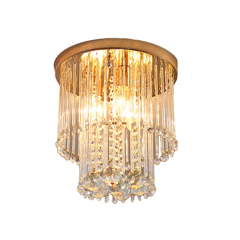 Flush Mount Clear Crystal Ceiling Light Fixture In Gold - Double Layered Cylinder Design With 2