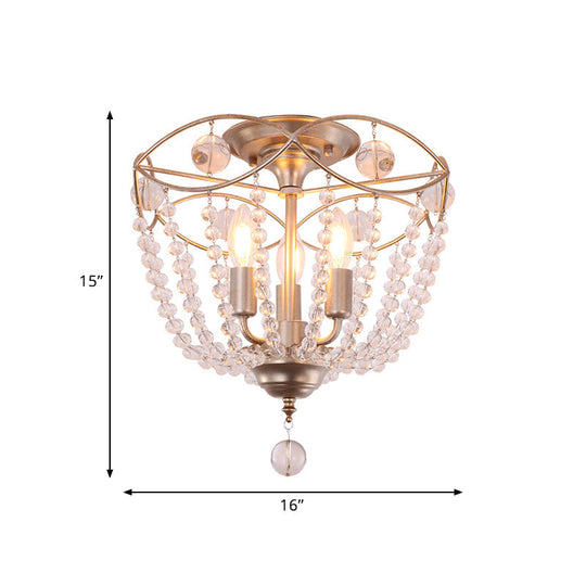 Rustic Basket 3-Light Crystal Strand Semi Flush Ceiling Mount In Gold - Bedroom Lighting