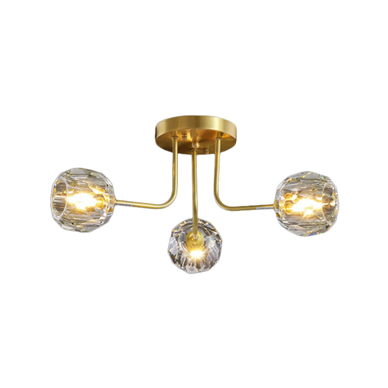 Modern Gold Crystal Semi Flush Light With Sputnik Design - 3/5-Light Ceiling Lighting