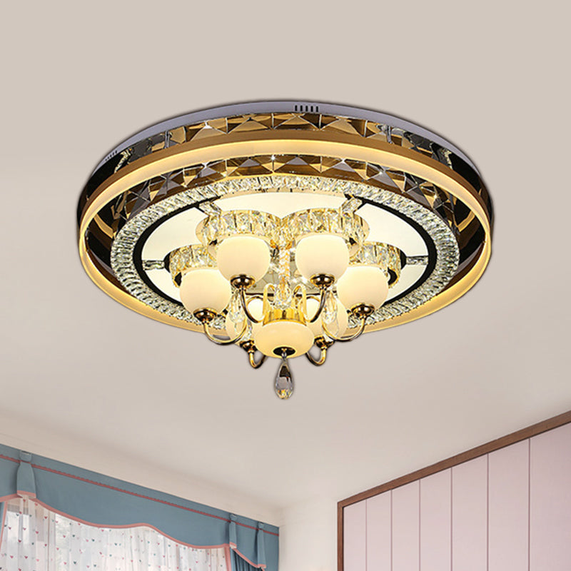 Gold Led Crystal Flush Mount Ceiling Light With Remote Dimming And Opal Shade.