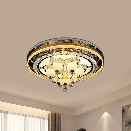 Gold Led Crystal Flush Mount Ceiling Light With Remote Dimming And Opal Shade.