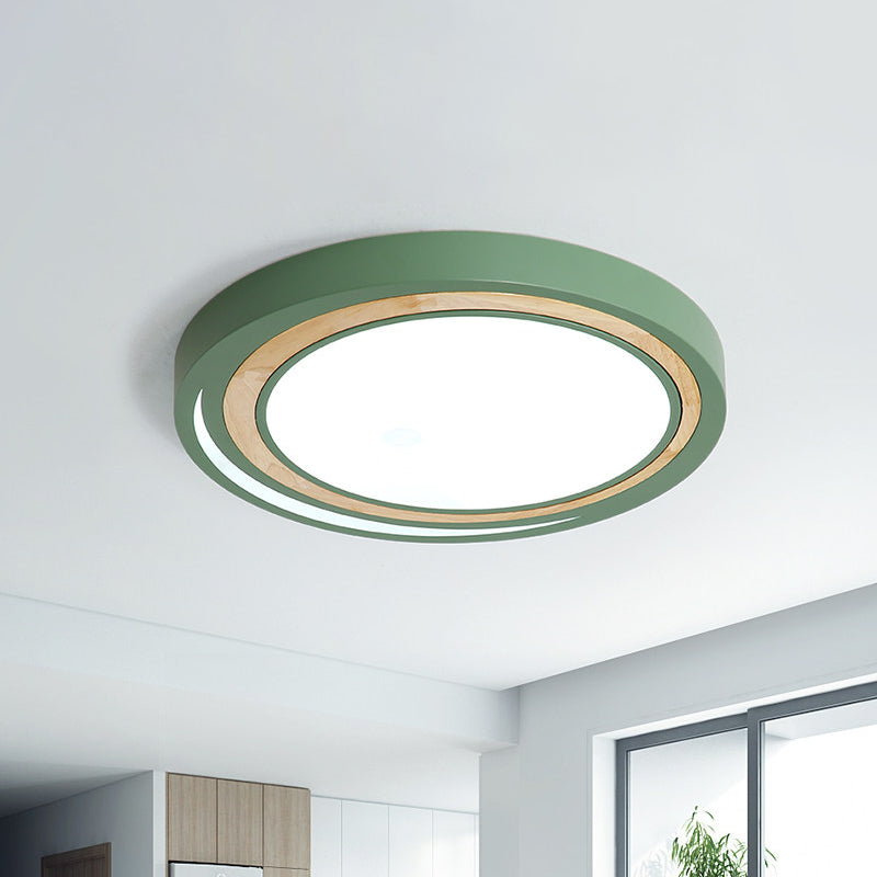 Acrylic Led Drum Ceiling Light For Kids’ Bedroom With Wood Ring - White/Pink/Green Flush Mount