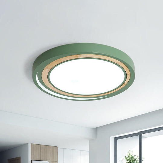 Acrylic Led Drum Ceiling Light For Kids’ Bedroom With Wood Ring - White/Pink/Green Flush Mount