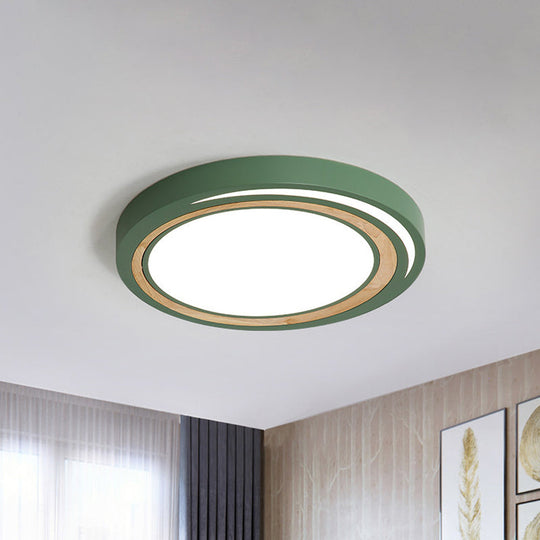 Acrylic Led Drum Ceiling Light For Kids’ Bedroom With Wood Ring - White/Pink/Green Flush Mount