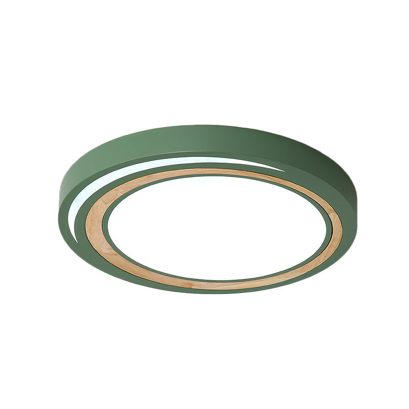 Acrylic Led Drum Ceiling Light For Kids’ Bedroom With Wood Ring - White/Pink/Green Flush Mount