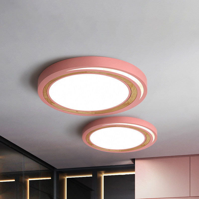 Acrylic Led Drum Ceiling Light For Kids’ Bedroom With Wood Ring - White/Pink/Green Flush Mount