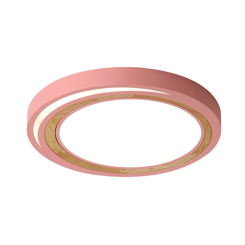 Acrylic Led Drum Ceiling Light For Kids’ Bedroom With Wood Ring - White/Pink/Green Flush Mount