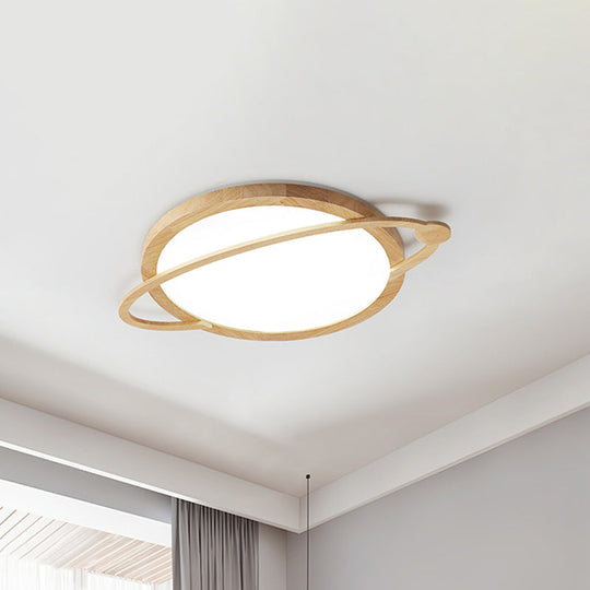 Saturn Flush Mount Kids Led Ceiling Light - Wood Finish Acrylic Shade Ideal For Bedrooms