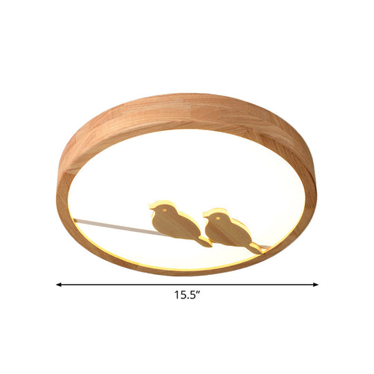Modern Bird Pattern Led Drum Ceiling Light With Wood Finish