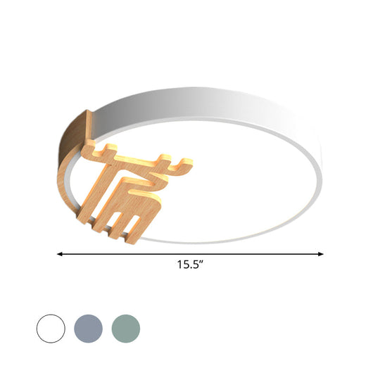 Nordic Acrylic Led Flush Light Fixture With Wood Deer Decoration - Gray/White/Green