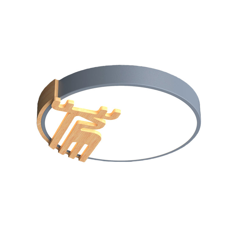 Nordic Acrylic Led Flush Light Fixture With Wood Deer Decoration - Gray/White/Green