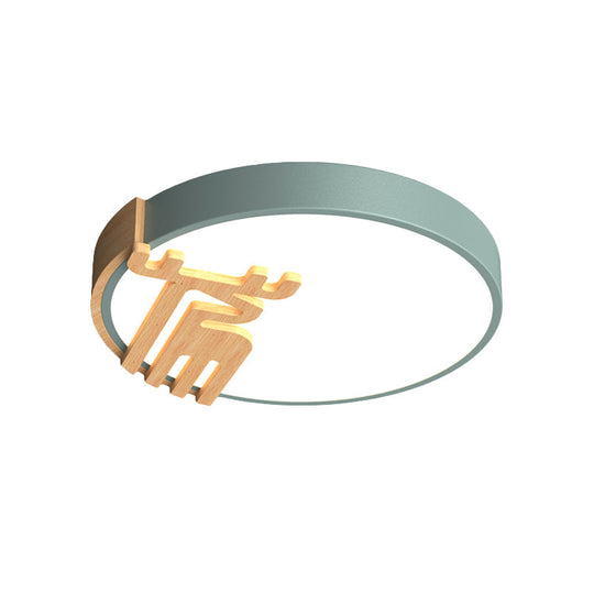 Nordic Acrylic Led Flush Light Fixture With Wood Deer Decoration - Gray/White/Green