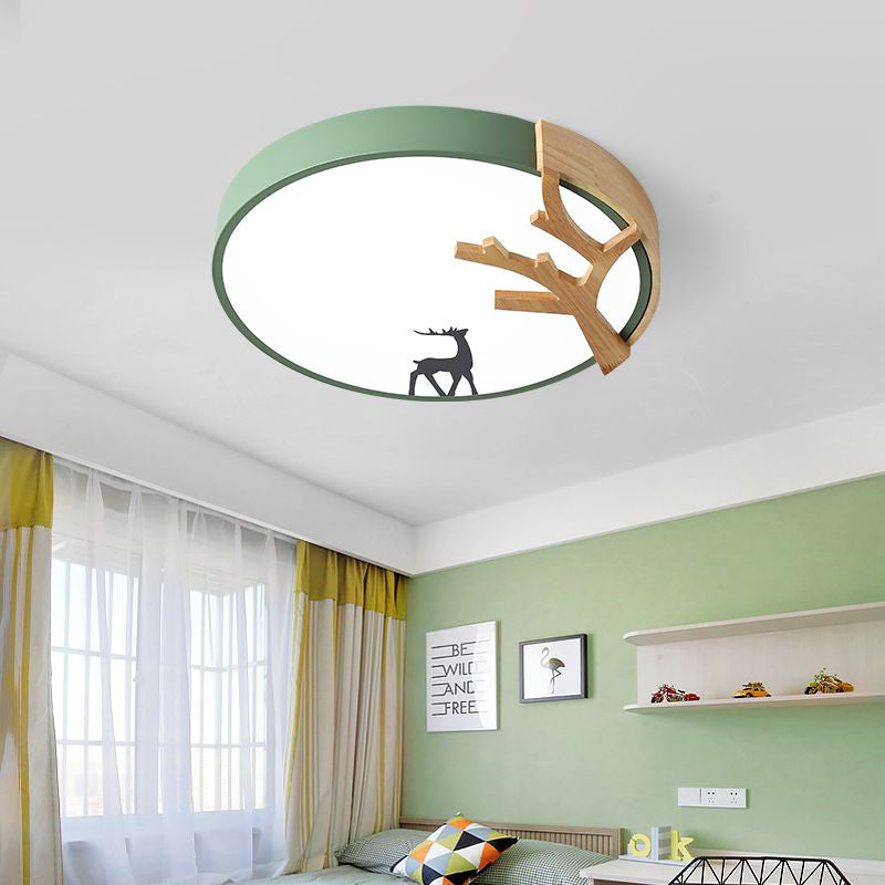 Contemporary Led Acrylic Drum Flush Mount Lighting - Green/White/Gray Ceiling Light With Deer