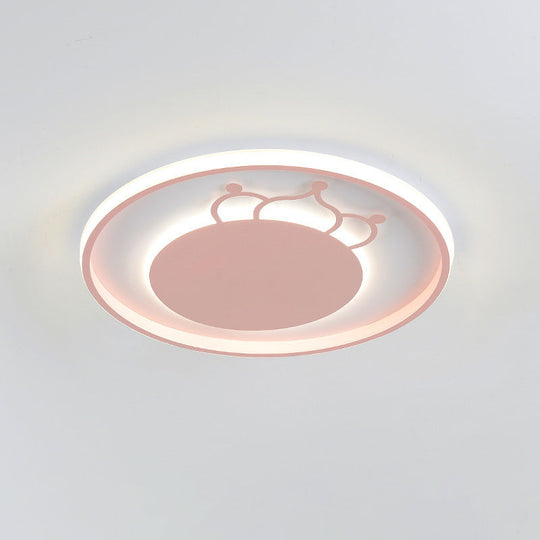 Kid Crown Led Flushmount Light In Pink/Blue - Ultra-Thin Bedroom Ceiling Fixture