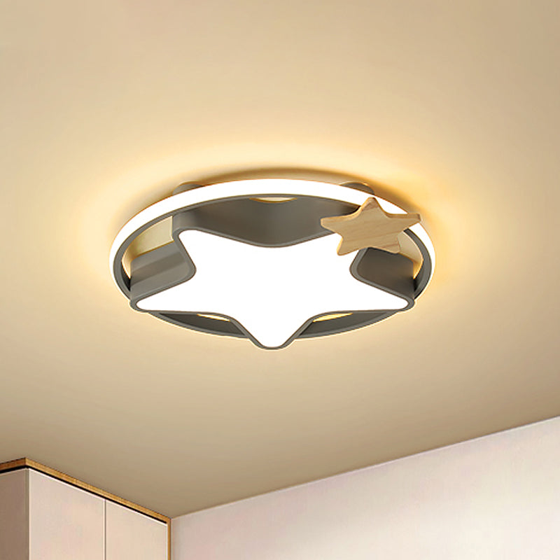 Minimalist Pentagram Led Flushmount Ceiling Lamp For Kids Bedroom In Black/Grey And Wood