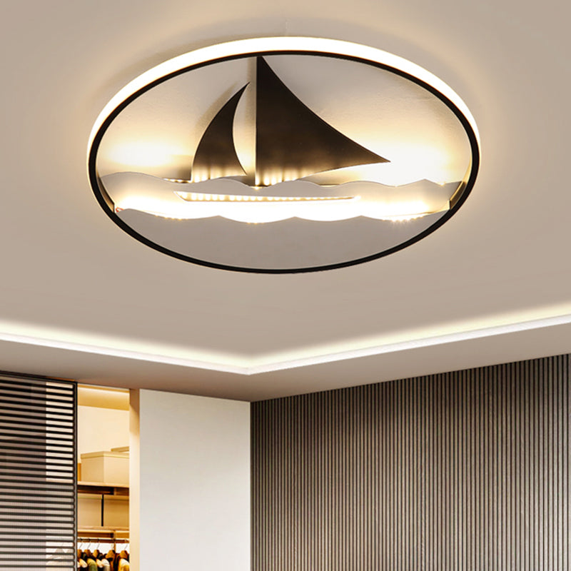 Black Sailboat Flushmount Lamp For Kids Rooms - Ocean-Themed Led Fixture