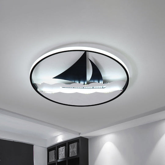 Black Sailboat Flushmount Lamp For Kids Rooms - Ocean-Themed Led Fixture