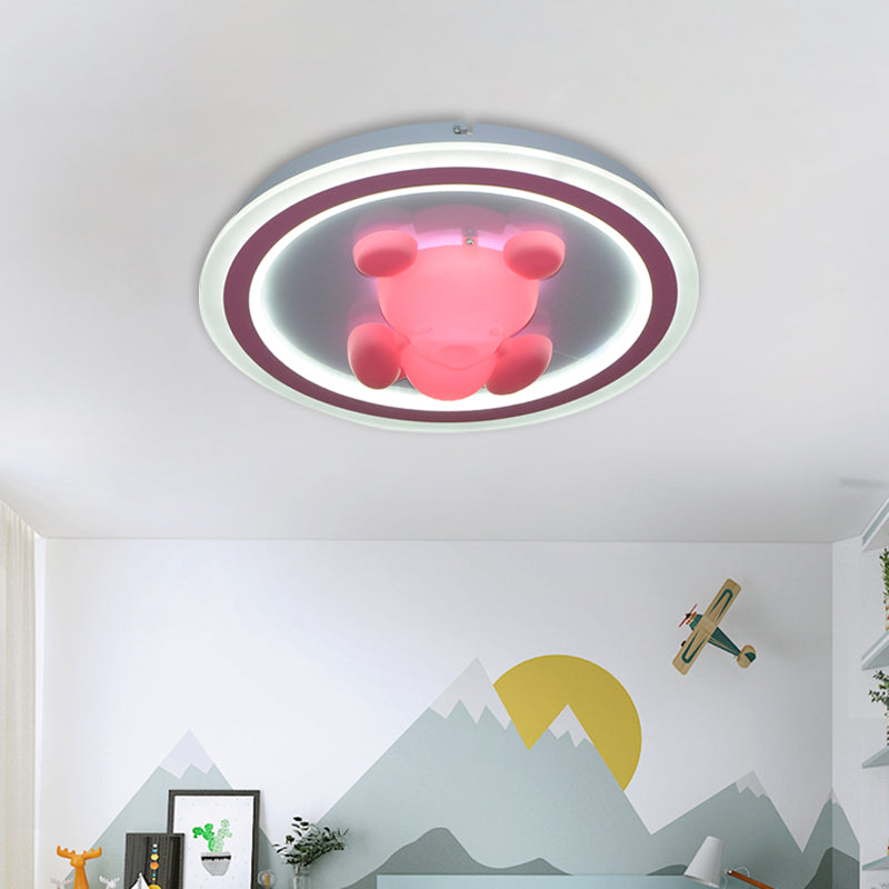 Cartoon Pink Led Flush Mount Ceiling Light With Acrylic Flower/Bear Shade For Bedrooms
