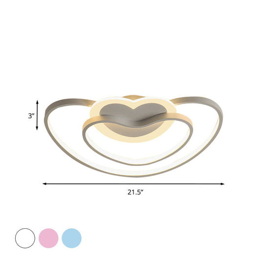 Nordic Led Ceiling Flush Light With Dual Loving Heart Frame In White Pink Or Blue Acrylic Shade