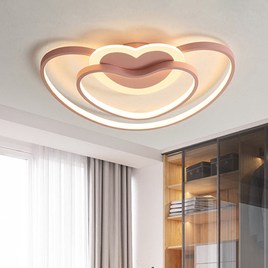 Nordic Led Ceiling Flush Light With Dual Loving Heart Frame In White Pink Or Blue Acrylic Shade
