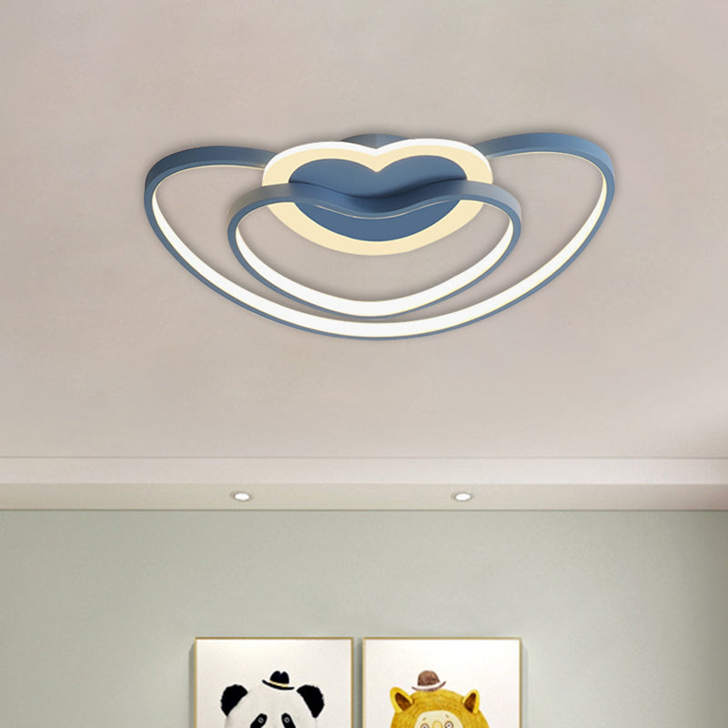 Nordic Led Ceiling Flush Light With Dual Loving Heart Frame In White Pink Or Blue Acrylic Shade