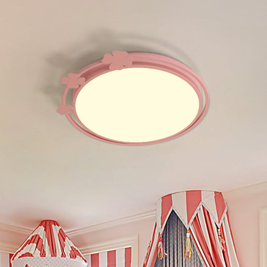 Kid’s Led Pink Flushmount Light With Metallic Round Shape Clover Deco In White/Warm / White