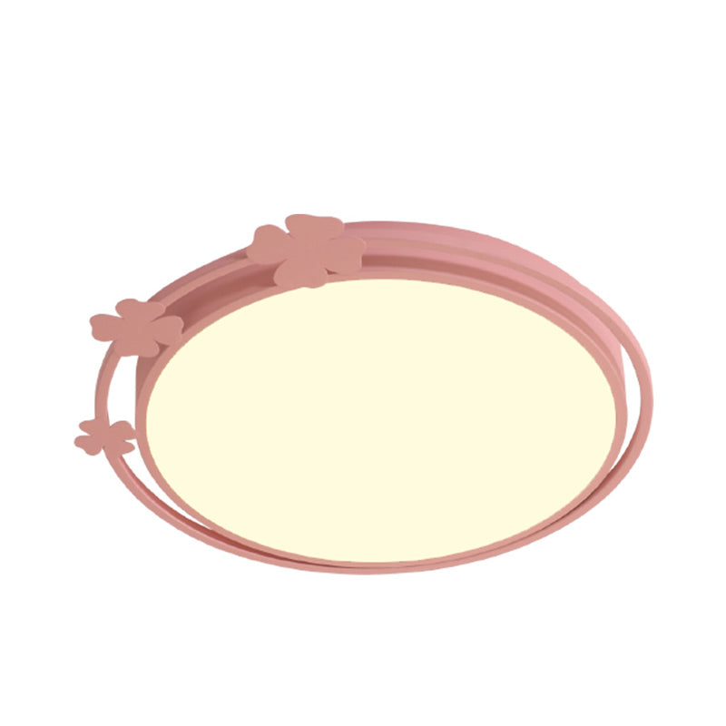 Kids Led Pink Flushmount Light With Metallic Round Shape Clover Deco In White/Warm