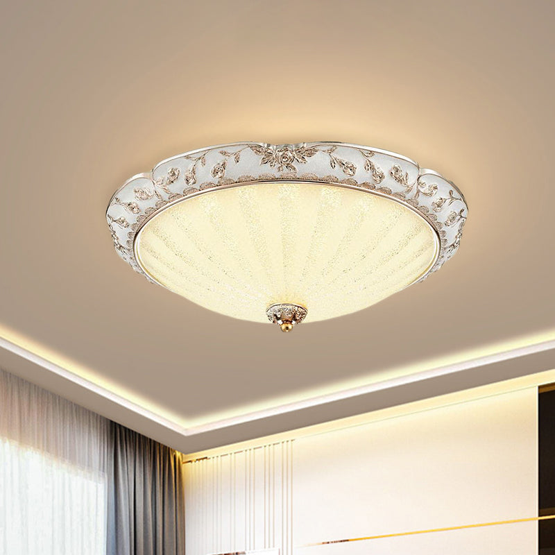Traditional White Glass Led Flush Mount With Carved Trim Bowl-Shaped Bedroom Beige Flushmount / D