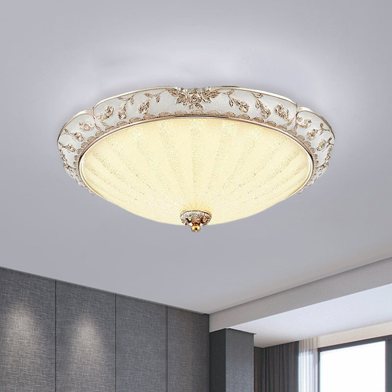 Traditional White Glass Led Flush Mount With Carved Trim – Bowl - Shaped Bedroom Beige Flushmount