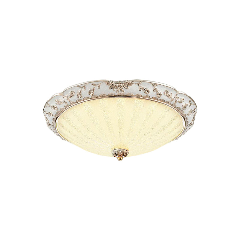 Traditional White Glass Led Flush Mount With Carved Trim – Bowl - Shaped Bedroom Beige Flushmount