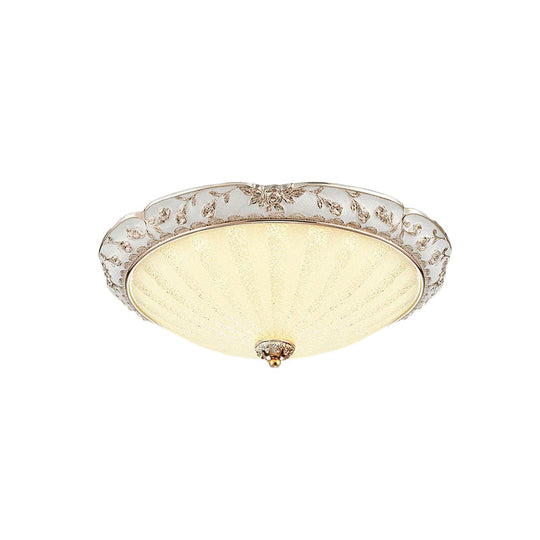 Traditional White Glass Led Flush Mount With Carved Trim Bowl-Shaped Bedroom Beige Flushmount