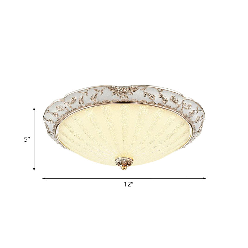 Traditional White Glass Led Flush Mount With Carved Trim – Bowl - Shaped Bedroom Beige Flushmount