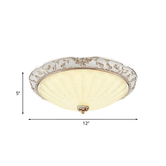 Traditional White Glass Led Flush Mount With Carved Trim Bowl-Shaped Bedroom Beige Flushmount