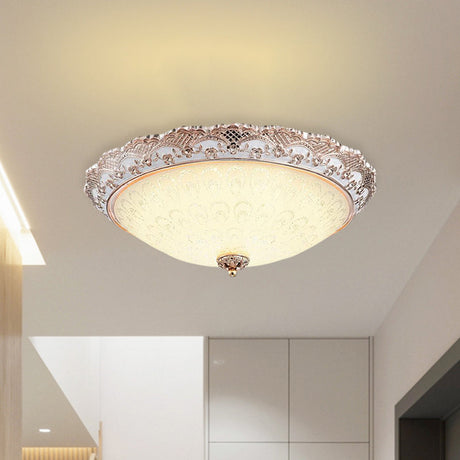 Traditional White Glass Led Flush Mount With Carved Trim Bowl-Shaped Bedroom Beige Flushmount