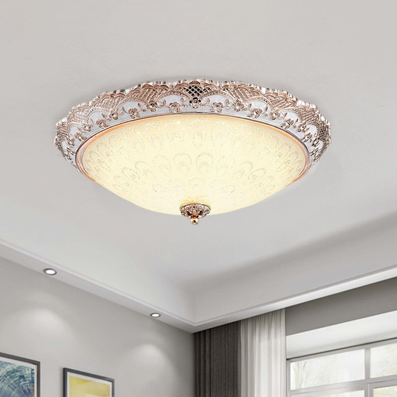 Traditional White Glass Led Flush Mount With Carved Trim Bowl-Shaped Bedroom Beige Flushmount