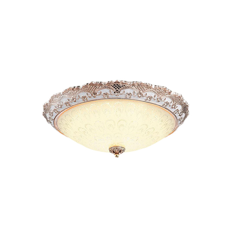 Traditional White Glass Led Flush Mount With Carved Trim – Bowl - Shaped Bedroom Beige Flushmount