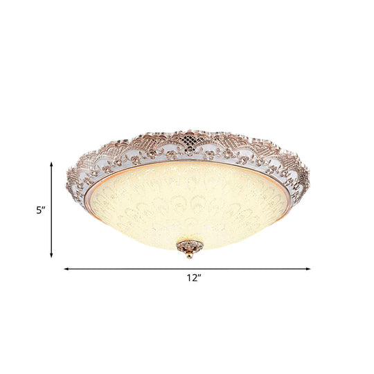 Traditional White Glass Led Flush Mount With Carved Trim – Bowl - Shaped Bedroom Beige Flushmount