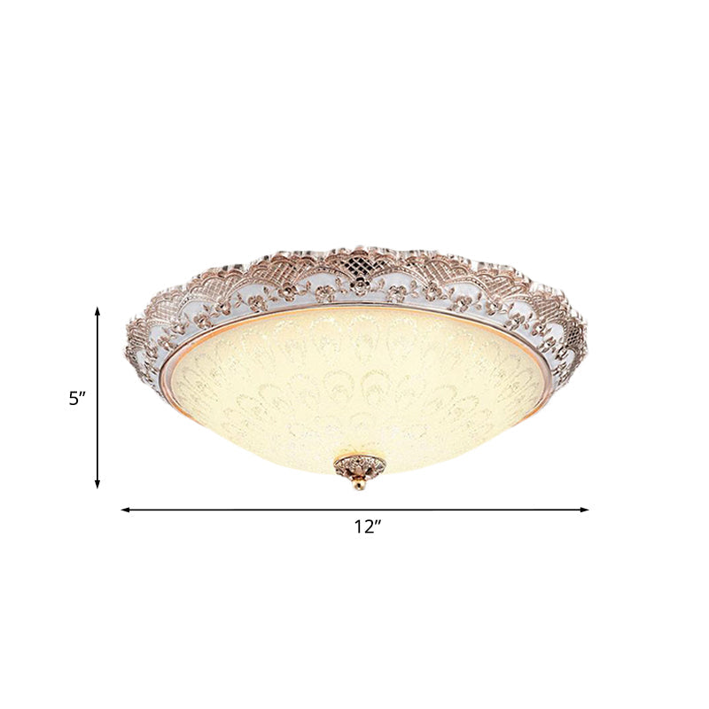 Traditional White Glass Led Flush Mount With Carved Trim Bowl-Shaped Bedroom Beige Flushmount