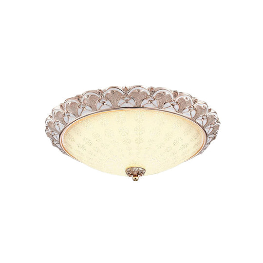 Traditional White Glass Led Flush Mount With Carved Trim Bowl-Shaped Bedroom Beige Flushmount