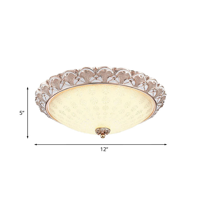 Traditional White Glass Led Flush Mount With Carved Trim – Bowl - Shaped Bedroom Beige Flushmount